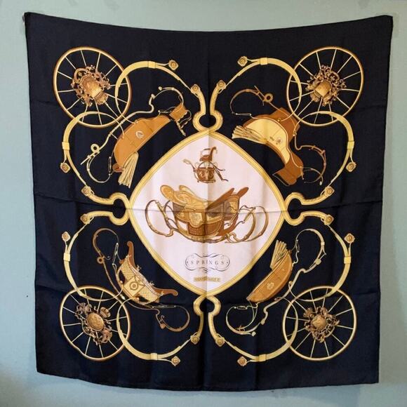Hermes Vintage Vintage Silk Scarf 'Springs' 100% Silk 90cm Square Black Gold - Picture 16 of 16
